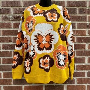 Asos Design Unisex Mustard Pansies Floral Knit Oversized Sweater Size XS